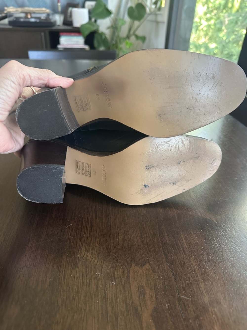 J. Crew Black Leather Ankle Boots stacked wood heel with Gold Zip 8.5 - Picture 7 of 8